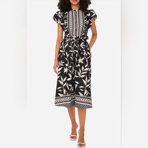 Halogen Black and Cream Printed Midi Dress with Tie Waist